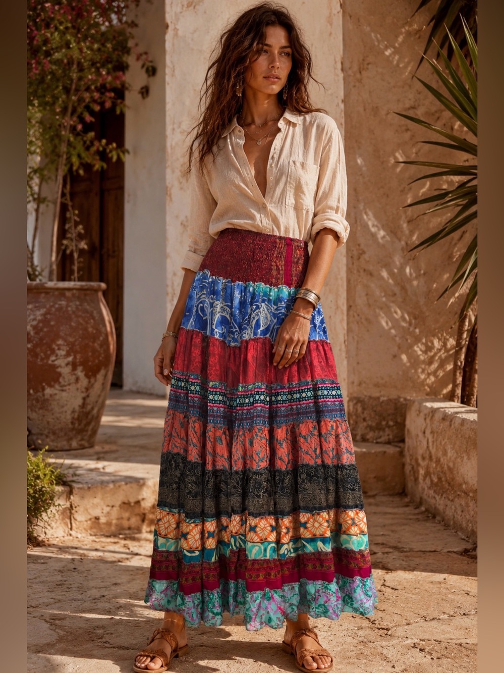 Boho Tiered Maxi Skirt in Multi-Color Patchwork